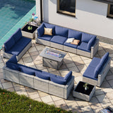 Sweecci 15-Piece Patio Furniture Set, Outdoor Patio Furniture with 55,000 BTU Fire Pit Table, Thick Cushions, Modular Patio Sofa, Dual-Strand Wicker Rattan, Rust-Resistant Frame, Navy Blue Sweecci