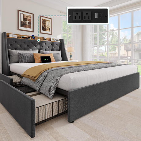 YITAHOME Queen Upholstered Platform Bed Frame with Wingback Headboard and 4 Storage Drawers, Built-in Outlets and USB Ports, Sturdy Wood Slats, No Box Spring Needed - Gray YITAHOME
