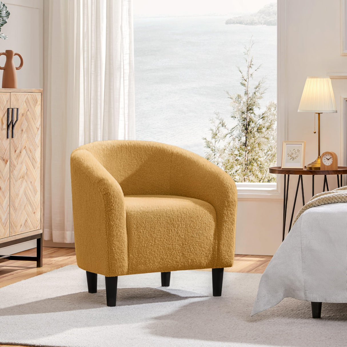 Yaheetech Accent Barrel Chair, Boucle Fabric Club Chair, Furry Sherpa Elegant and Cozy, Soft Padded Armchair for Living Room Bedroom Reception Room Office, Mustard Yellow Yaheetech