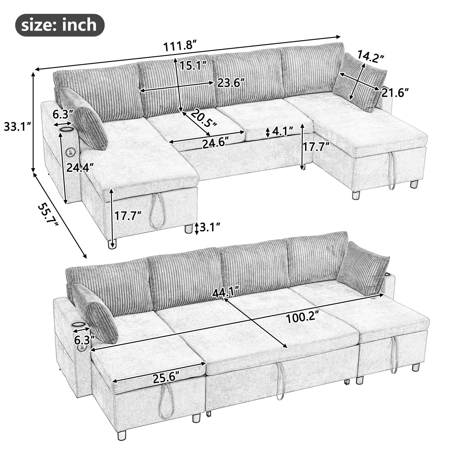 ZEIINPA 111.8" Chenille Pull Out Couch Sleeper with Double Storage Chaise, U Shaped Convertible Sectional Sleeper Sofa for Living Room with USB Charging Ports, Cup Holder, Corduroy Pillows-Brown