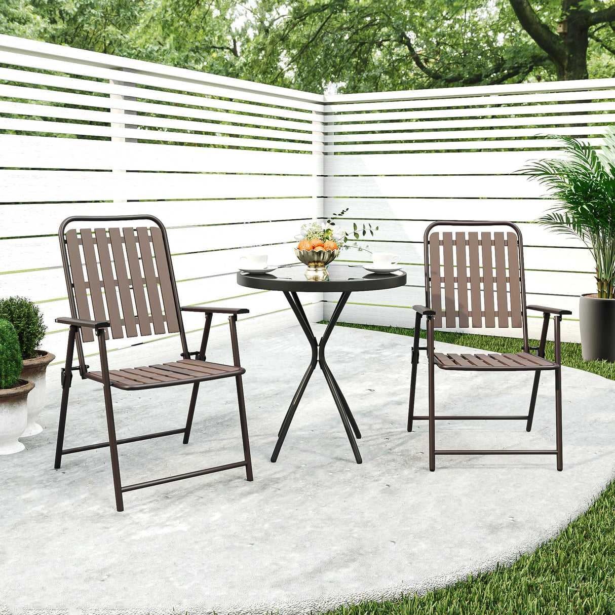 3 Pieces Patio Bistro Set Folding Small Table Chairs Set for 2 Outdoor Bistro Furniture Sets with Glass Coffee Table for Lawn Backyard Balcony Poolside CHINNLUU