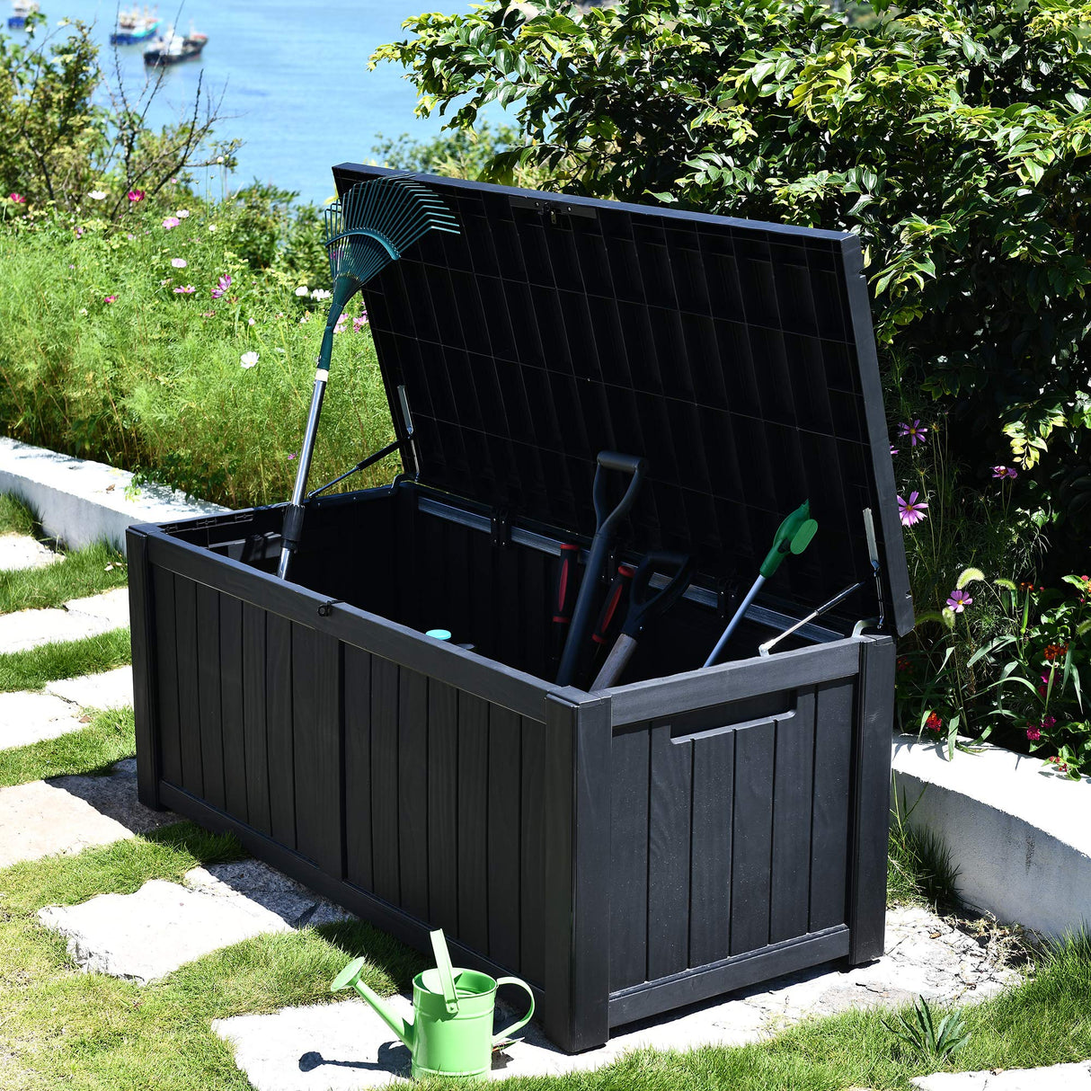 YITAHOME 120 Gallon Outdoor Storage Deck Box, Large Resin Patio Storage for Outdoor Pillows, Garden Tools and Pool-Supplies, Waterproof, Lockable (Black) YITAHOME