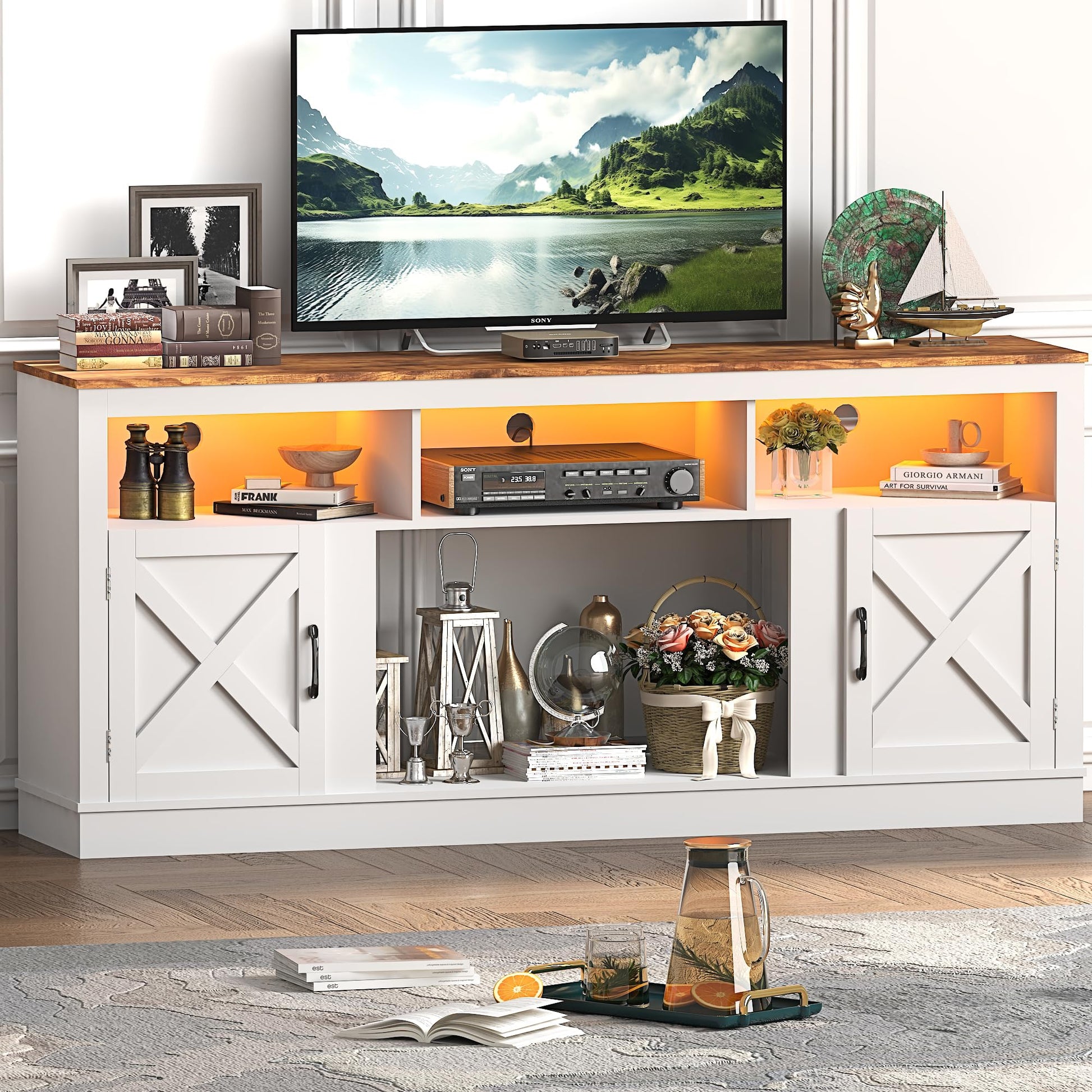 jiteentarou Farmhouse TV Stand for 70/75/80 Inch TV, 32”Tall Entertainment Center w/LED Light, Large Media Console Cabinet w/Barn Doors & Adjustable Shelves for Living Room, White - WoodArtSupply