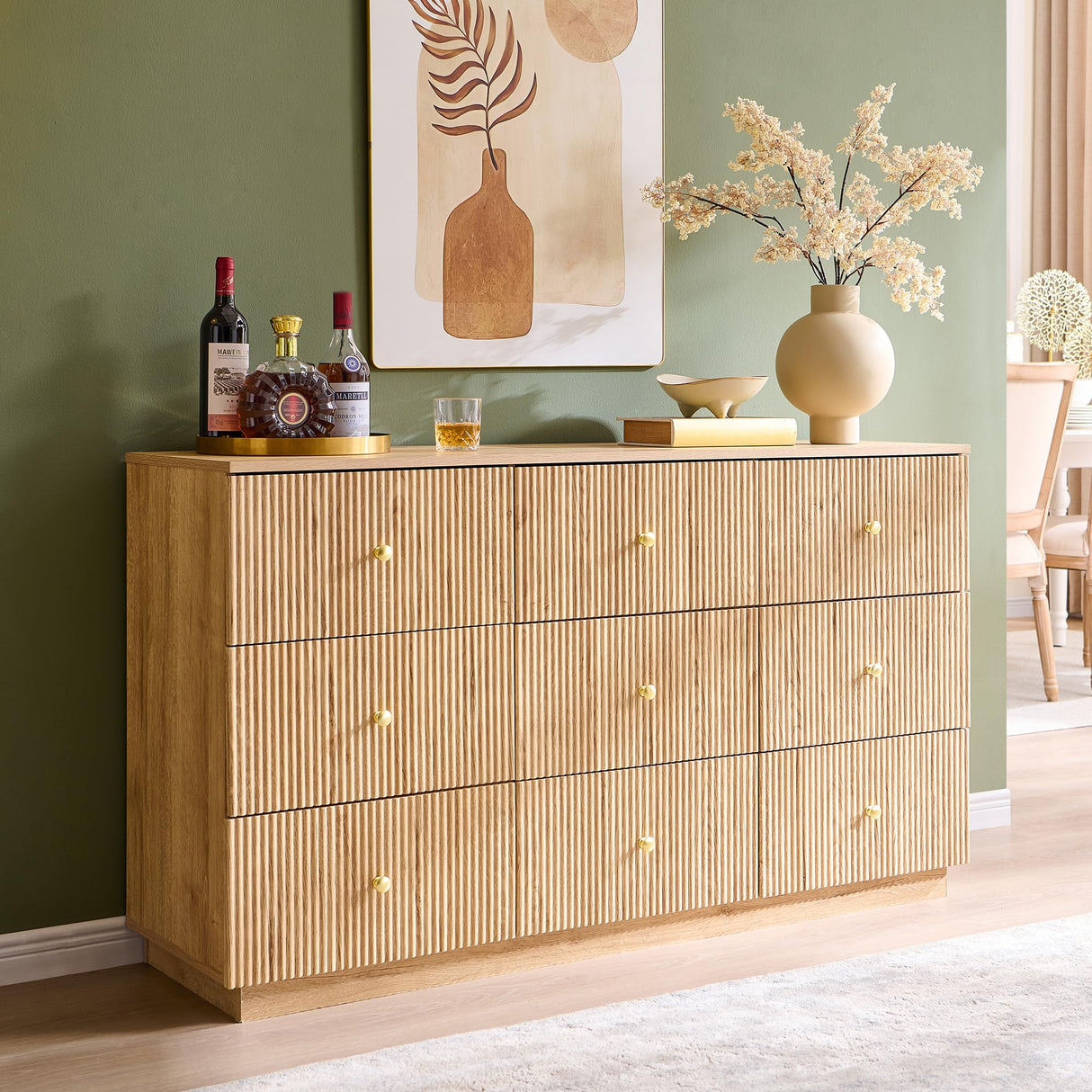 wow97e Fluted Dresser for Bedroom, 55" W 9 Drawer Dressers, Wood Tall Dresser Storage Organizer, Modern Bedroom Chest of Drawers with Deep Storage for Closet Hallway, Entryway, Living Room Natural wow97e