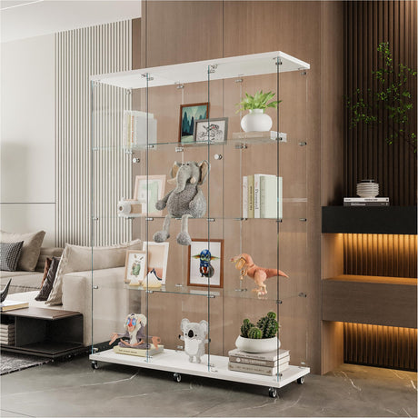 Glass Display Cabinet with Glass Doors, Tall 4-Tier Tempered Glass Floor Standing Curio Case with Lock for Collectibles, Toys, Books, Living Room, Quick Installation (4 Shelf 3 Column 2 Door, White) VFY