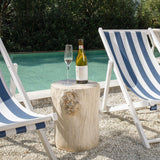 COSIEST Outdoor Antique Beige Side Table Faux Wood, Hand-Painted Wood Stump Stool, Ottomans, Plant Stand, Deck or Garden COSIEST