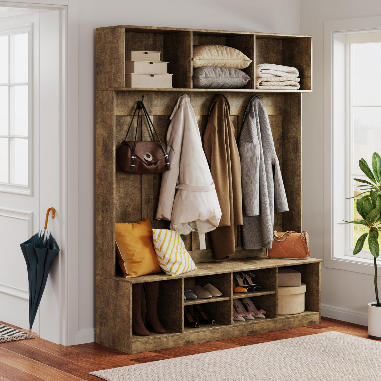 Apeaka Hall Tree with Bench and Storage, Farmhouse 75" H Tall Hall Tree Wood Entryway Shoe Bench with Coat Rack and Storage Shelves for Mudroom, Rustic Brown Apeaka