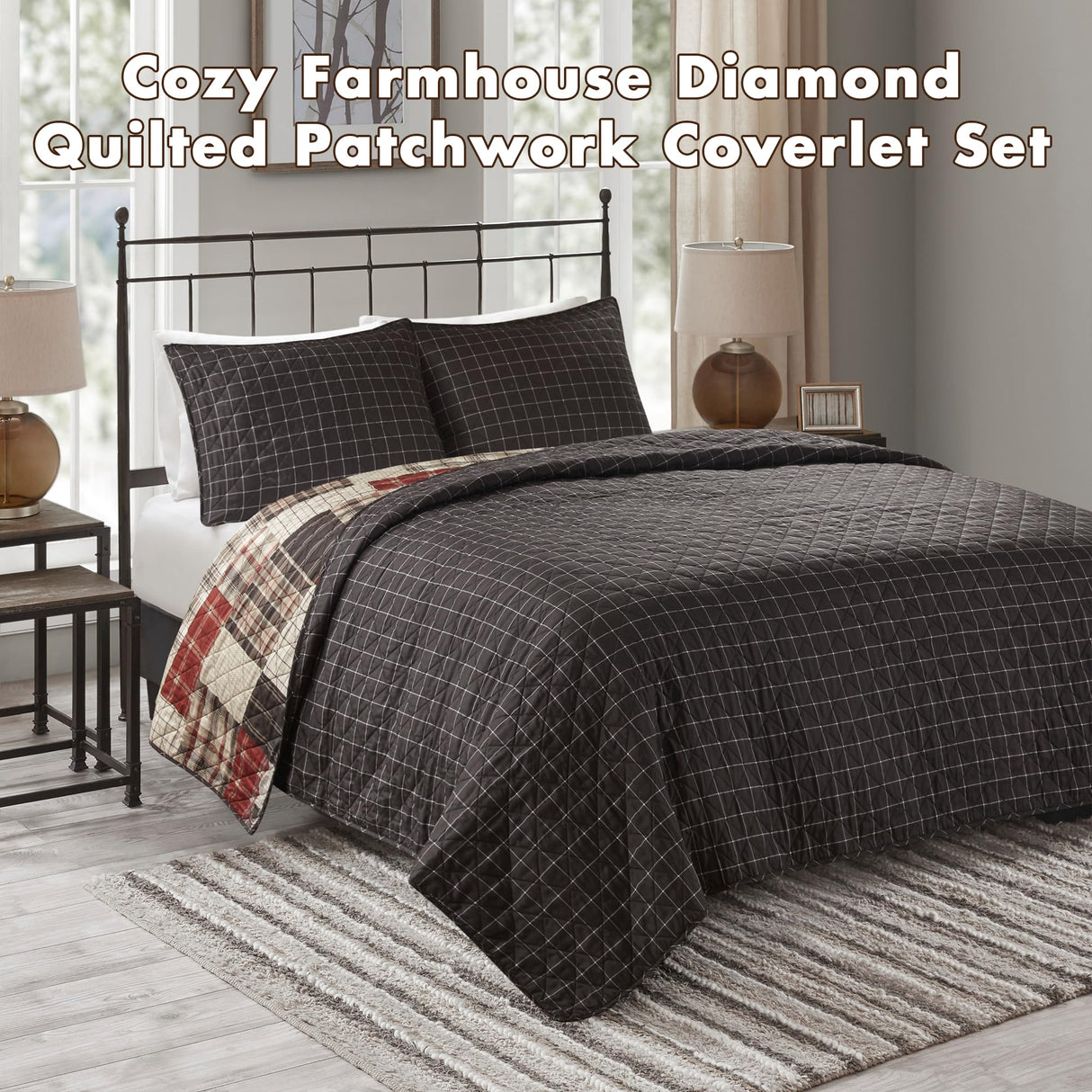 Madison Park King Quilt Set Patchwork Farmhouse, Diamond Quilting Reversible Coverlet Set for King Size Bed, Plush Cotton Filled Quilt Set King Size, Shams King/Cal King Red/Black 3 Piece Madison Park