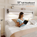 Jocisland Full Size Farmhouse Bed Frame, 51" Headboard with LED Reading Lights, Rustic Wood Look, No Box Spring Needed, Ash White Jocisland