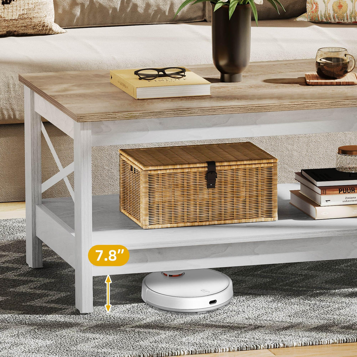 DWVO Coffee Tables for Living Room,Farmhouse Coffee Table, Storage Coffee Table, Small Coffee Table, Wood Coffee Table with Thicker Legs 2 Tier Coffee Table Center Table for Living Room, Grey Wash DWVO