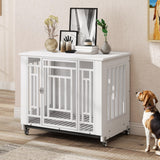 DWVO Dog Crate Furniture with Wheels, 32 Inch Dog Kennel Indoor Heavy Duty End Table Dog Crate for Small Medium Dogs, Decorative Wooden Dog Cage Table with Removable Tray, Chew-Resistant, White DWVO
