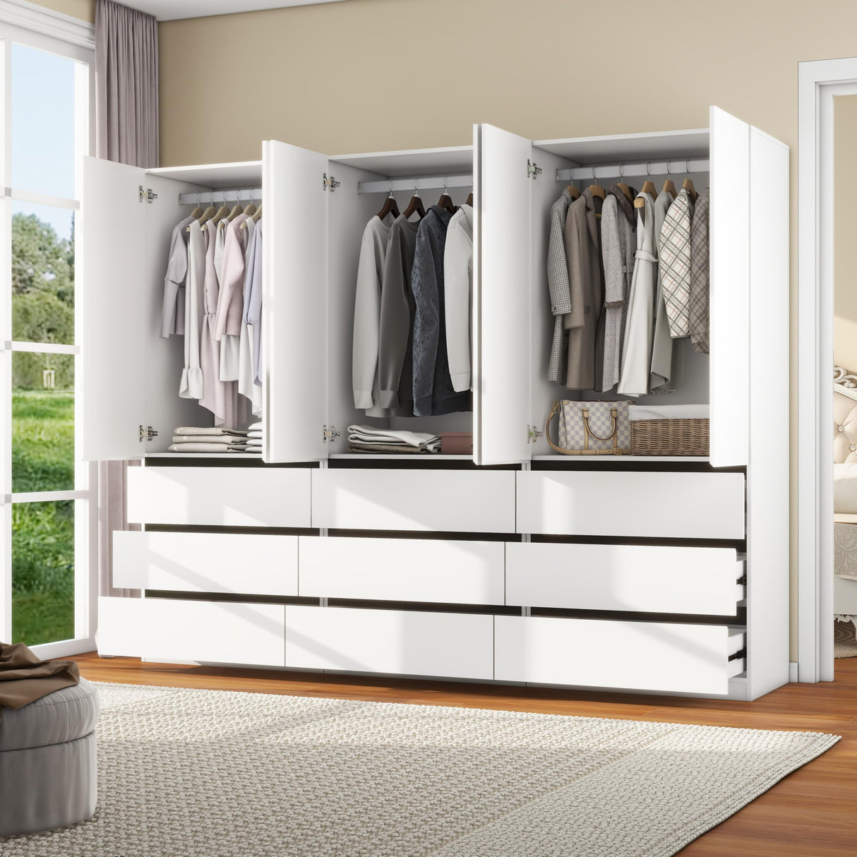 LABROSKIA Bedroom Armoire Wardrobe Closet with 9 Drawers: White Wardrobe Closet with 6 Doors, Modern Cabinet for Clothes with Shelves, Wooden Armoire for Hanging Clothes (Modern, 3) LABROSKIA
