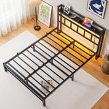 Maliacife Full Size Bed Frame with USB Charging Station, LED Bed with Wood Storage Headboard, Black Metal Platform Bed,Heavy Duty Steel Slats Support,No Box Spring Needed, Noise Free,Easy Assembly Maliacife