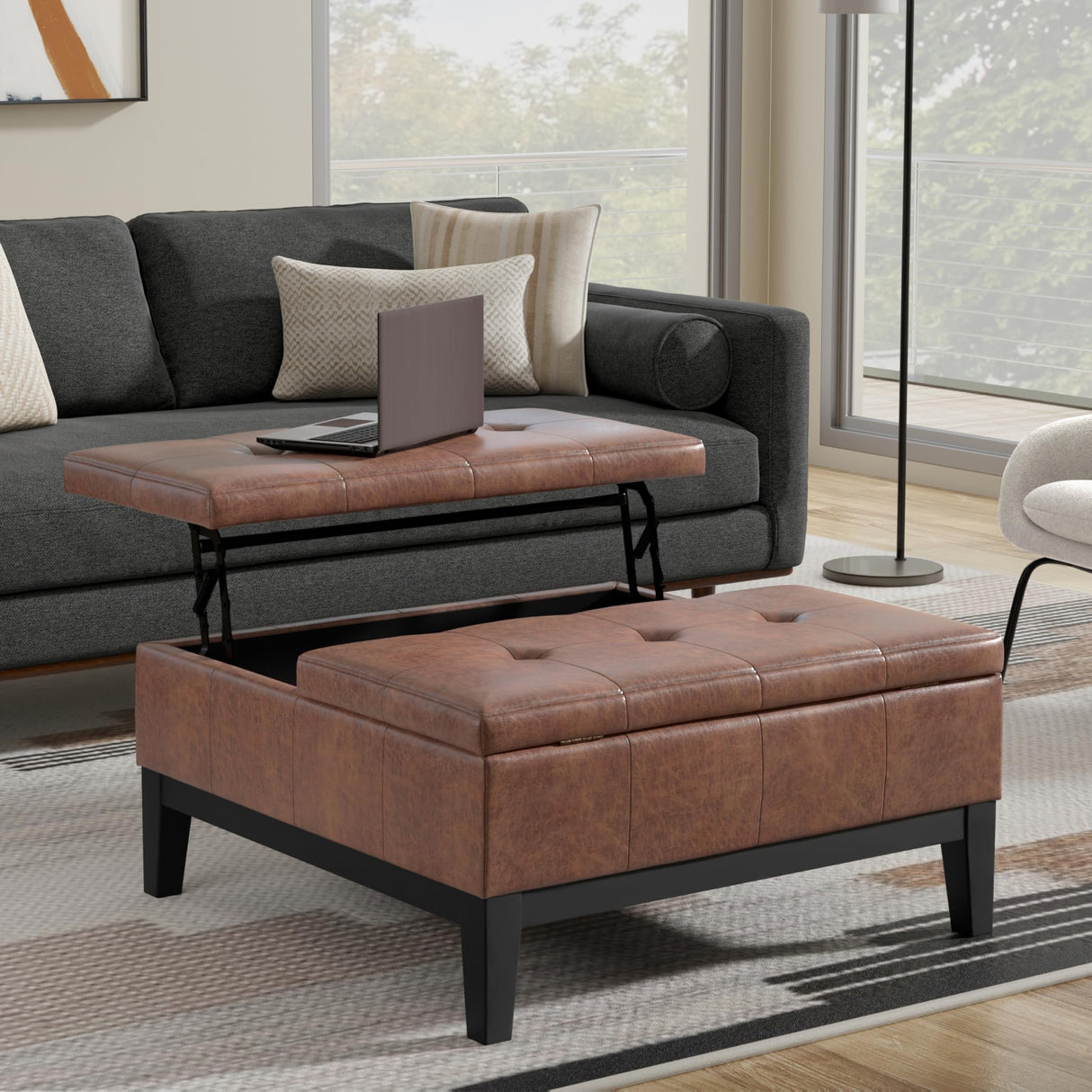 SIMPLIHOME Dover 36 inch Wide Contemporary Square Lift Top Coffee Table Storage Ottoman in Distressed Saddle Brown Vegan Faux Leather, Assembled, for The Living Room, Entryway and Family Room SIMPLIHOME