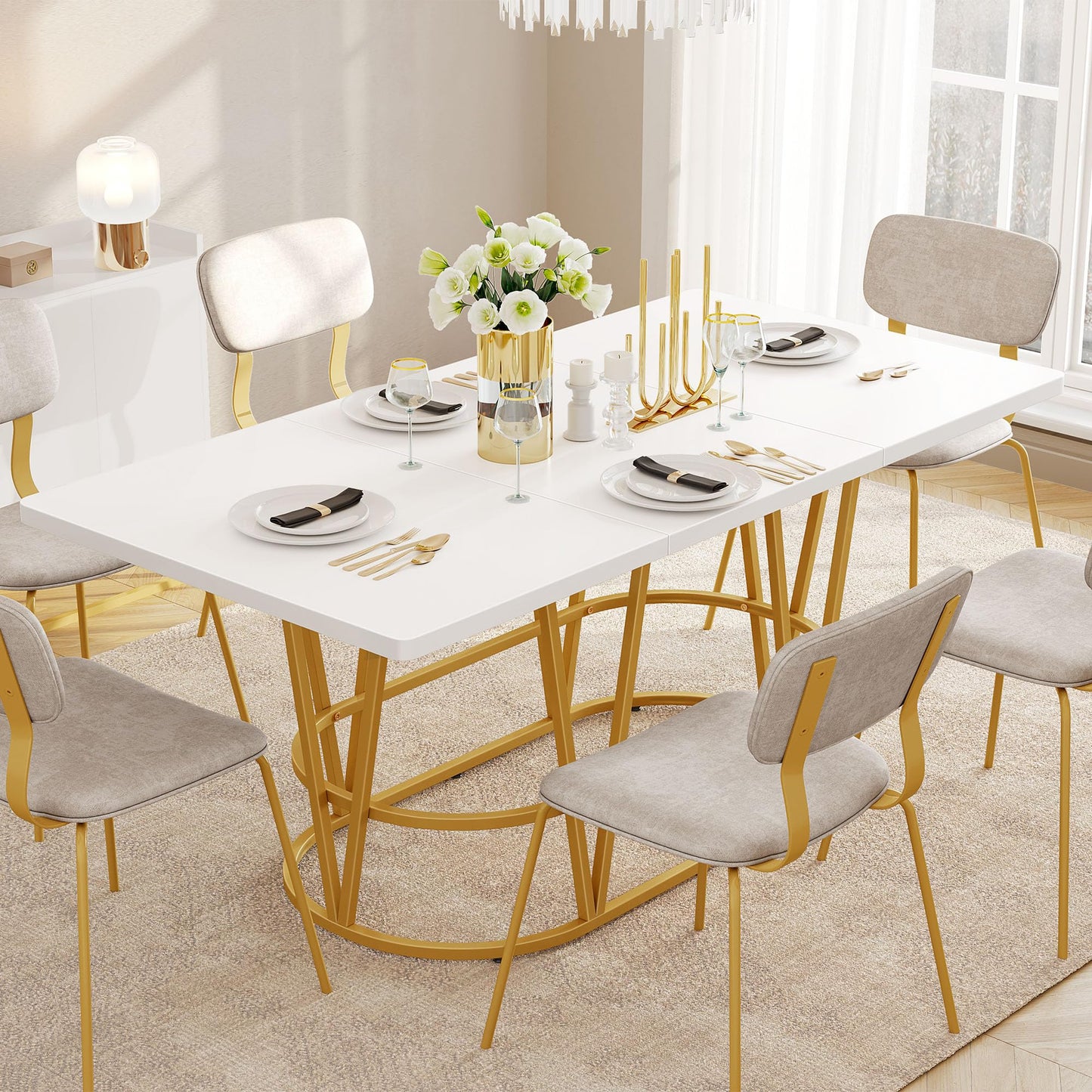 DWVO Modern Dining Table for 6-8 People, 70.3'' Large Kitchen Table with Faux Marble Tabletop and Gold Geometric Legs, Wooden Dinner Table for Dining Room Family Gathering, White & Gold - WoodArtSupply