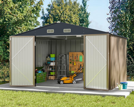 Greesum Metal Outdoor Storage Shed 10FT x 10FT, Steel Utility Tool Shed Storage House with Door & Lock, Metal Sheds Outdoor Storage for Backyard Garden Patio Lawn (10' x 10'), Brown Greesum