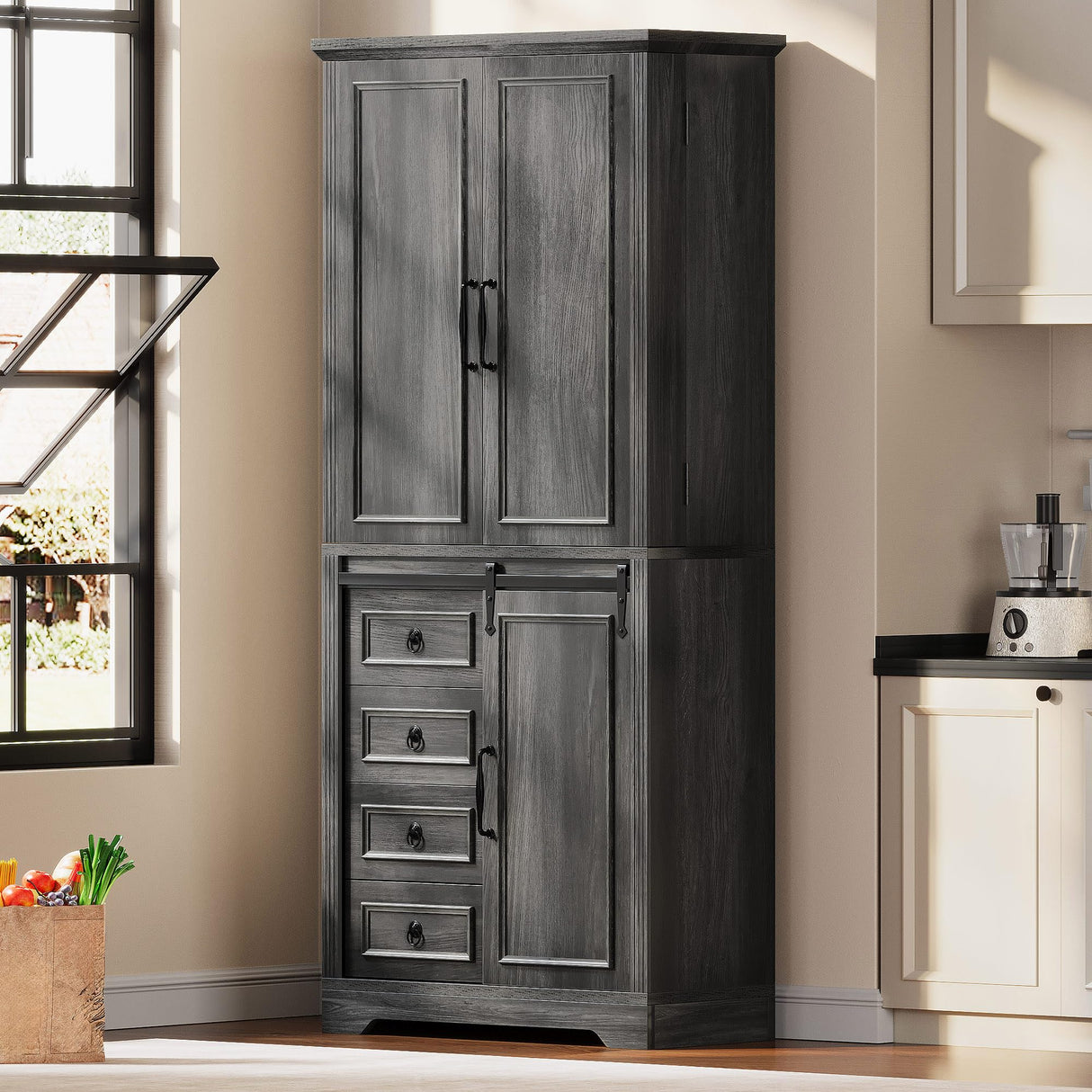 YITAHOME Pantry Cabinet, 71-Inch Tall Freestanding Storage Cabinet with 4 Drawers, Farmhouse Cupboard with Doors Storage, Adjustable Shelves, for Living Room, Dining Room, Gray Oak YITAHOME