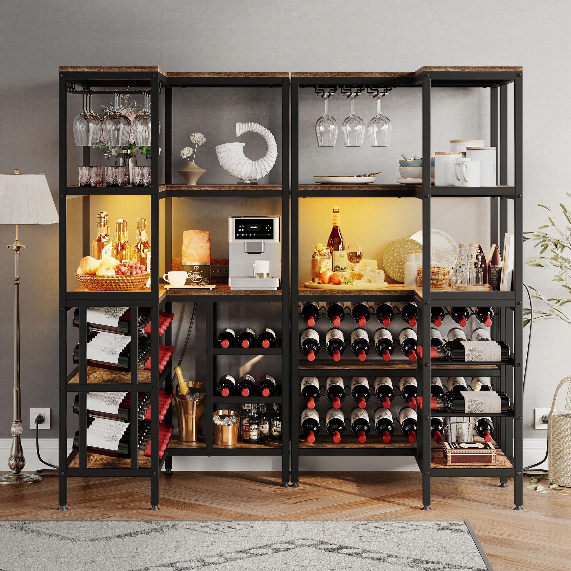 YITAHOME Large Corner Wine Rack, 63'' Corner Bar Cabinet with Power Outlet and LED Light, 5-Tier L Shaped Industrial Liquor Cabinet w/Glass Holder, Corner Open Display Cabinet for Home, Rusti - WoodArtSupply