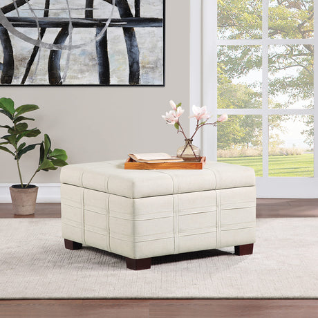 OSP Home Furnishings Detour Strap Square Storage Ottoman with Tray and Solid Wood Legs, Linen Fabric Office Star Products