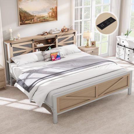 YITAHOME Farmhouse King Size Bed Frame with Headboard, Bookcase Storage Shelves, Sliding Grid Barn Door, Charging Station, Rustic Wood Platform Bed, No Box Spring Needed, Oak YITAHOME