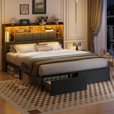 TIGUBFRE King Size Bed Frame with Bookcase Storage Drawers, LED Lights, Upholstered Platform Bed Frame with Headboard, Charging Station, Metal Slats Support, Noise Free, No Box Spring Needed, Grey TIGUBFRE