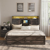 Fameill Farmhouse Full Size Bed Frame with 4 Drawers, Bookcase Headboard, LED Lights, Charging Station & Sliding Barn Door Shelves in Dark Rustic Oak Fameill