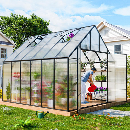 CDCASA 12x10x10 FT Greenhouse for Outdoors, Easy Assembly Large Aluminum Heavy Duty Polycarbonate Greenhouses Kit w/2 Vent Window, Swing Door, Walk-in Green House for Sunroom Patio, Backyard, Garden