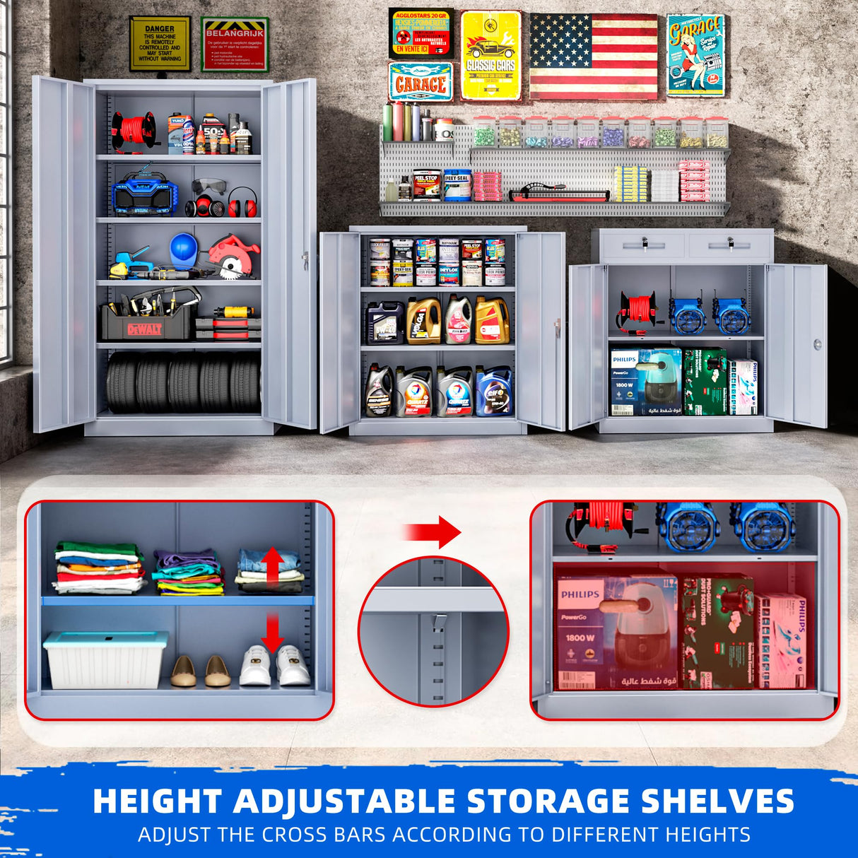 Superday Metal Storage Cabinet 71"×32"×16", Tall Storage Cabinet with 2 Doors and 4 Shelves, Large Metal Steel Utility Cabinet for Home Office, Garage, File Bathroom Pantry (Grey) Superday