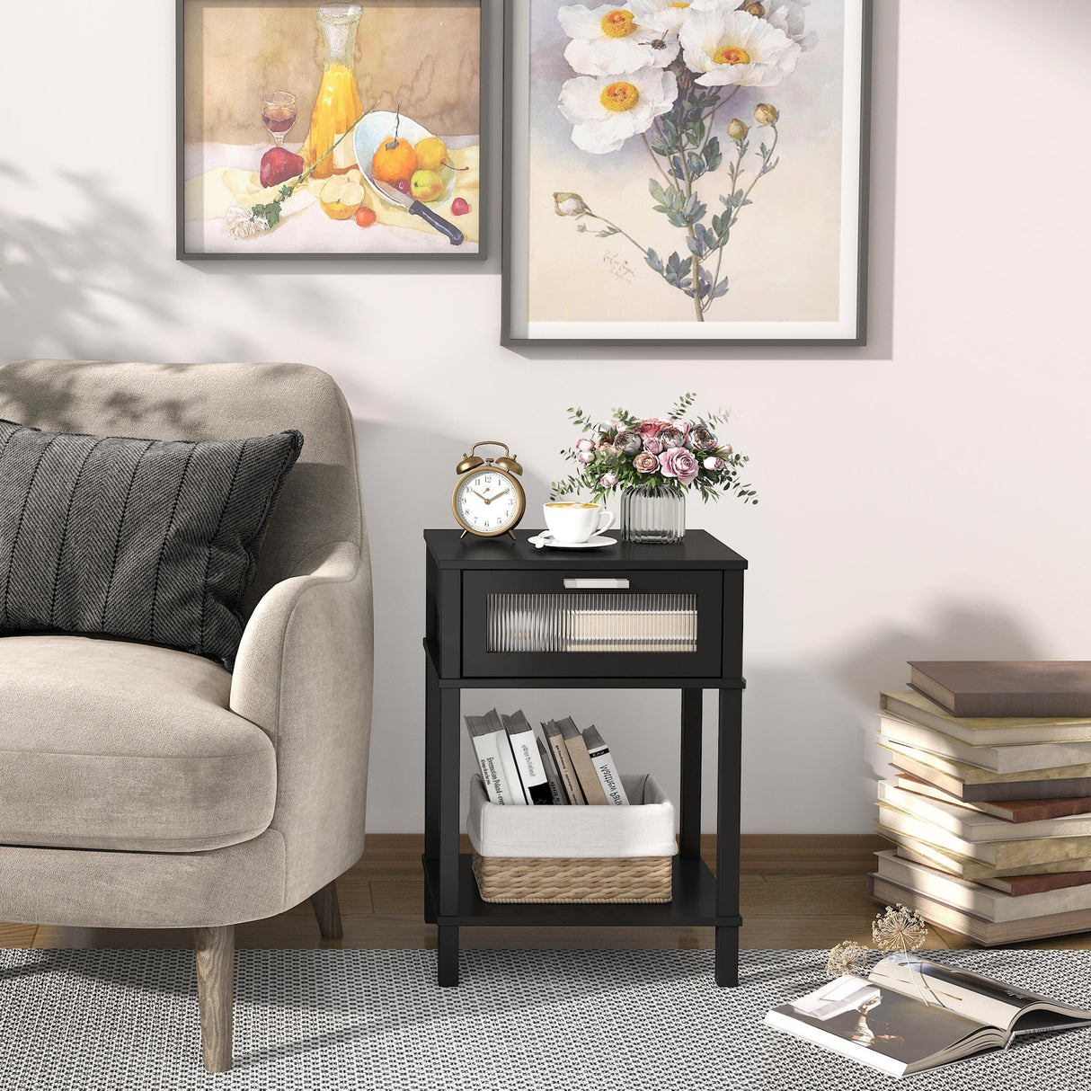 Nightstand Wooden Bedside Table with Drawer Black Night Stands Modern Style Small End Table Side Table with Storage Shelf for Bedroom Living Room MLBZ10B MMEOLUOOK