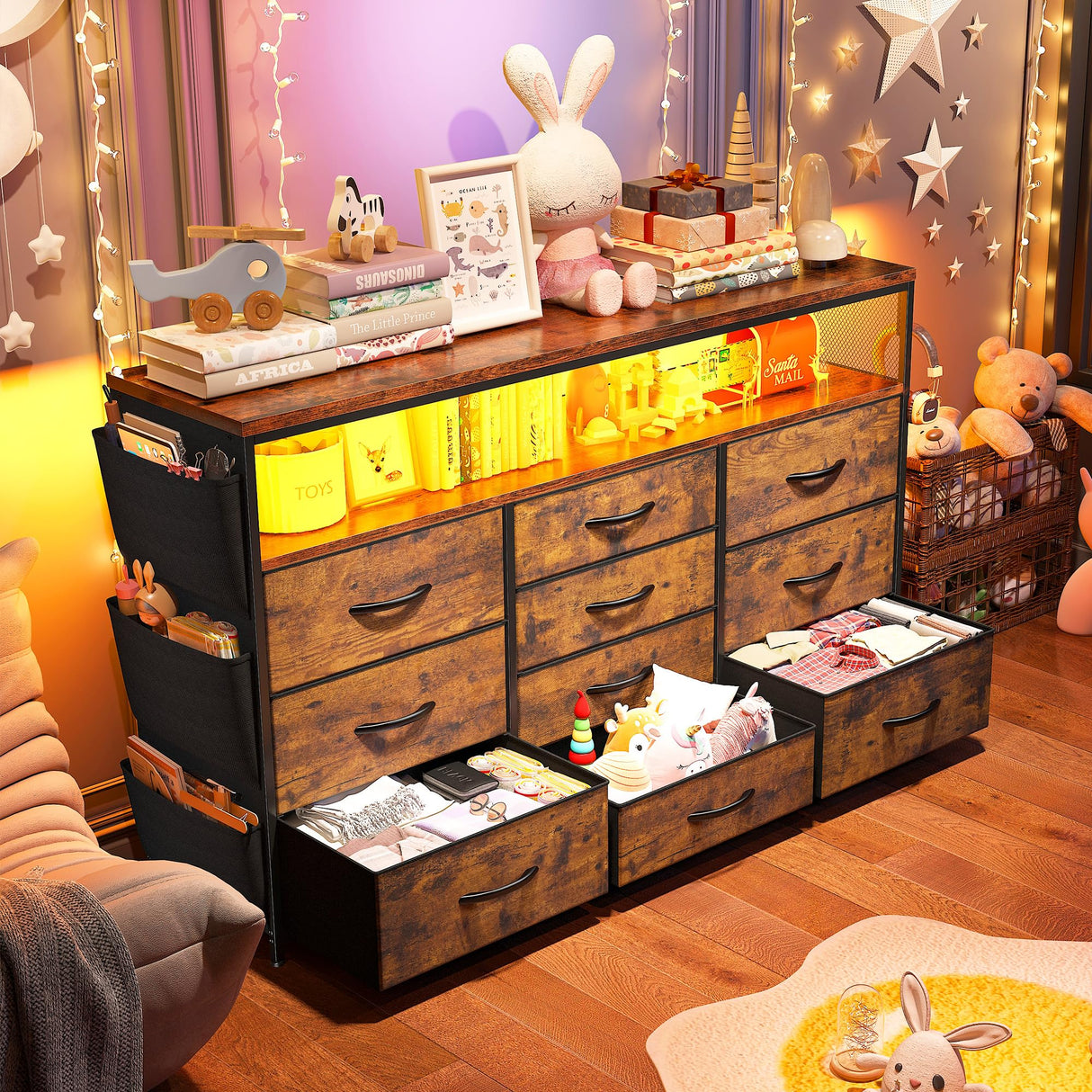 EnHomee Dresser TV Stand with 10 Drawers for 55" TV Stand for Bedroom with LED Lights & Power Outlets Wide Dresser for Bedroom with Shelves & Side Pockets Sturdy Metal Frame & Wood Top, Rustic Brown EnHomee