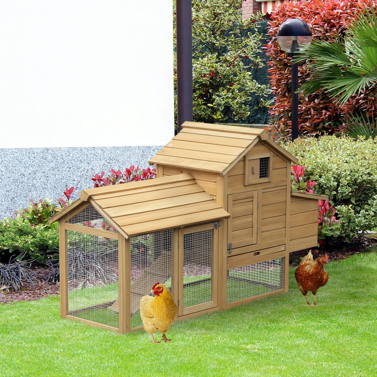 PawHut 59" Small Wooden Chicken coop Hen House Poultry Cage for Outdoor Backyard with 2 Doors, Nesting Box and Removable Tray, Natural Wood PawHut