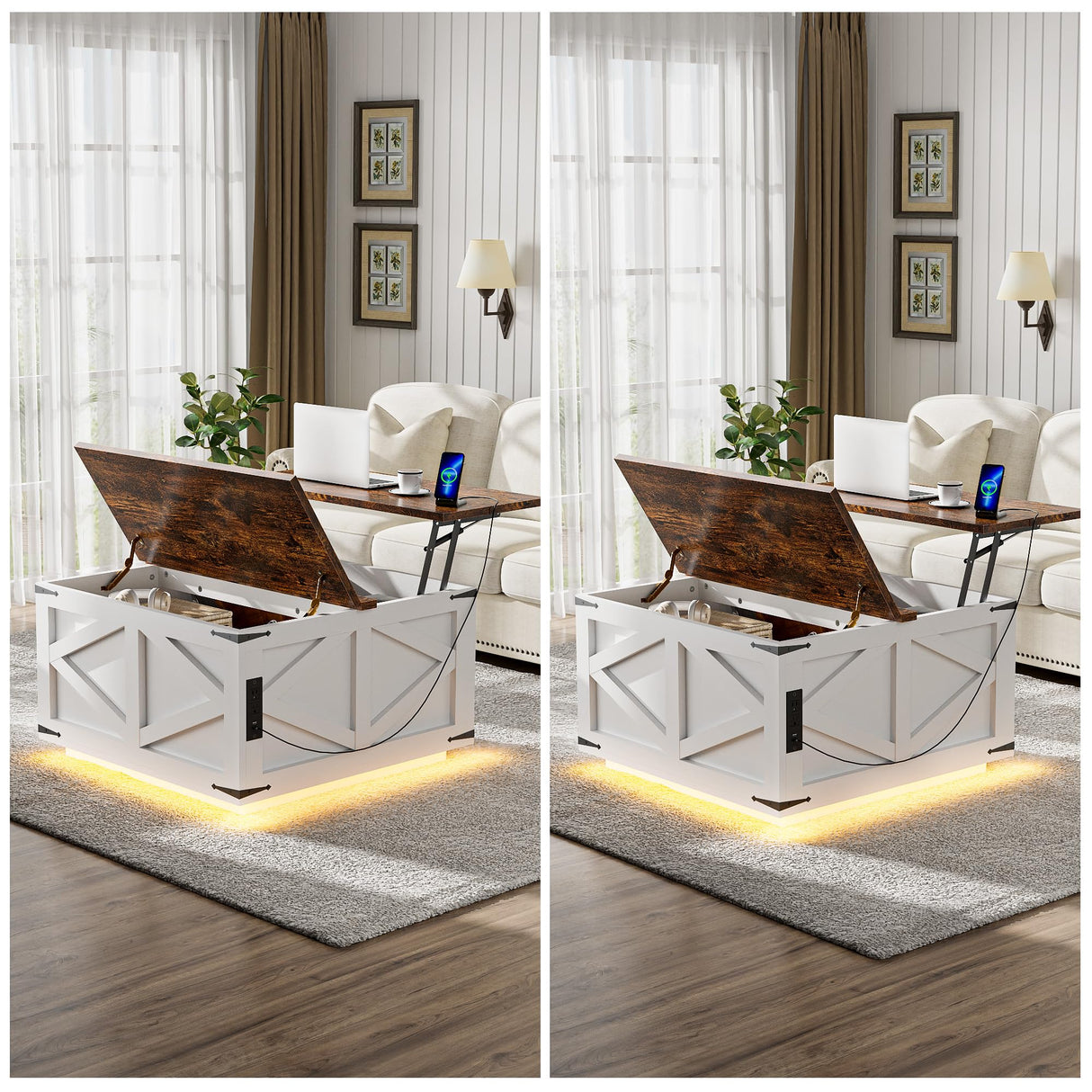 Dutsalrun Lift-Up Coffee Table with LED Storage and Charging Station | Farmhouse Square Lift-Up Table | Living Room Bench with Hidden Storage Dutsalrun