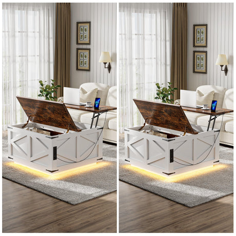 Dutsalrun Lift-Up Coffee Table with LED Storage and Charging Station | Farmhouse Square Lift-Up Table | Living Room Bench with Hidden Storage Dutsalrun