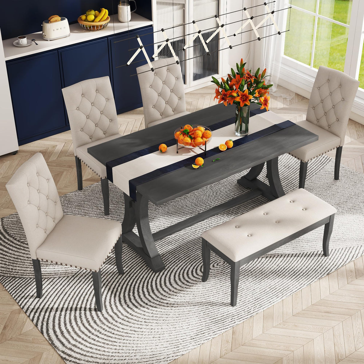 Farmhouse Dining Table Set for 6, Kitchen Table Set with Chairs and Bench, 6 Piece Solid Wood Dining Room Set with Trestle Table Legs for Kitchen, Dining Room (Antique Grey) Mirightone