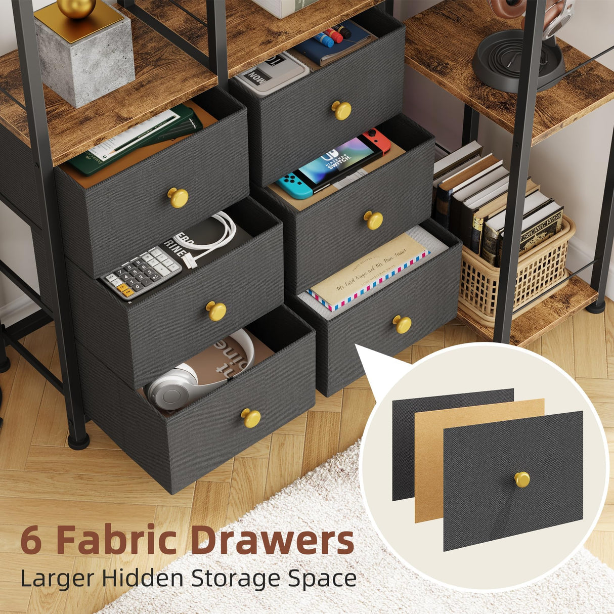 AFLUI Corner Bookshelf with LED Lights & 6 Fabric Drawers, 5-Tier Industrial L-Shaped Bookcase with Acrylic Display Shelf for Living Room, Office AFLUI