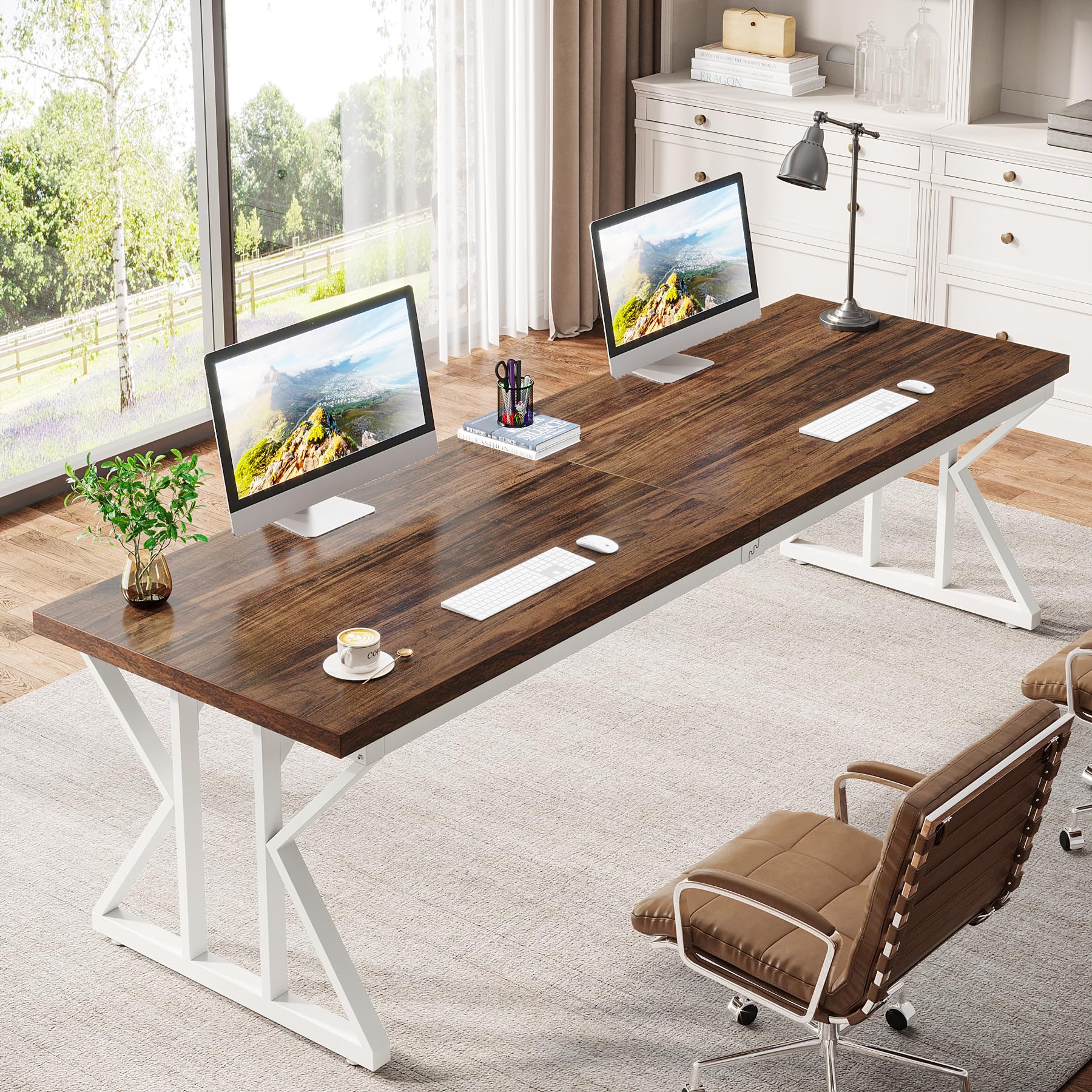 Tribesigns 78.7 Inches Long Computer Desk, Two Person Desk Large Executive Office Desk, Double Desk Study Writing Table for Home Office (Brown/White) - WoodArtSupply