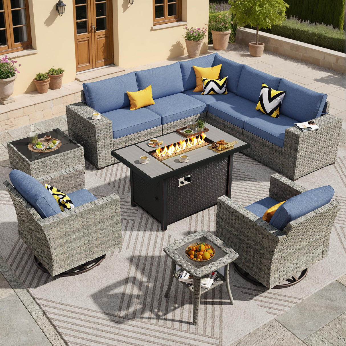 ovios 10 Pieces Patio Furniture Set, Outdoor Wicker Sectional Sofa with 42" Fire Pit Table Swivel Chairs, Modern Modular Deep Seat Rattan Couch Conversation Sets, Denim Blue ovios