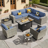 ovios 10 Pieces Patio Furniture Set, Outdoor Wicker Sectional Sofa with 42" Fire Pit Table Swivel Chairs, Modern Modular Deep Seat Rattan Couch Conversation Sets, Denim Blue ovios