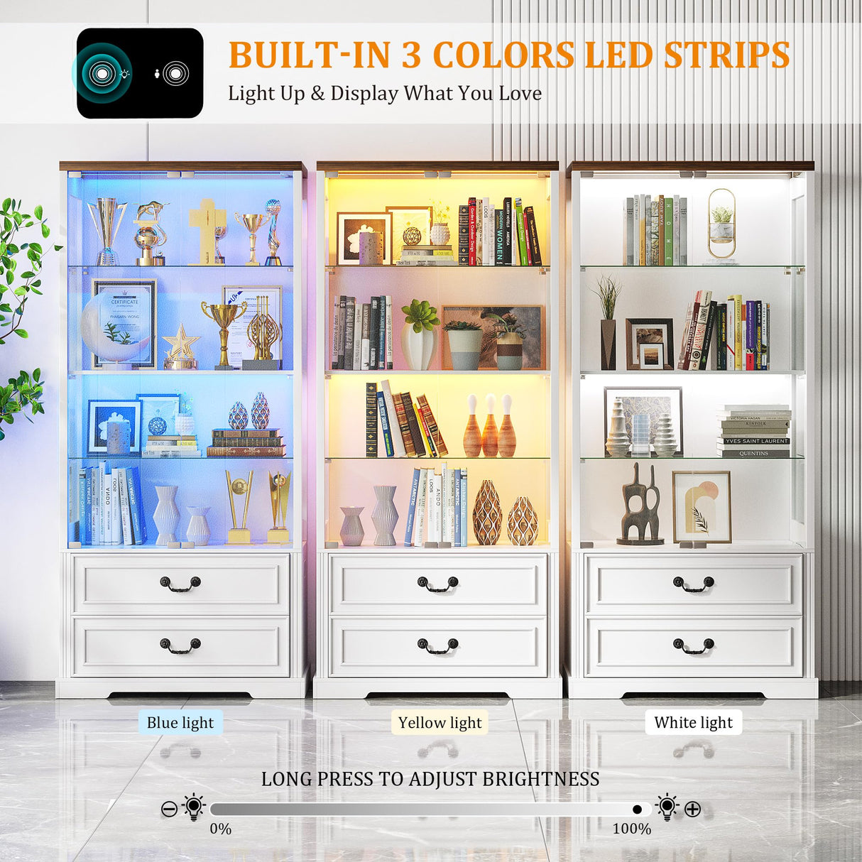 FREDEES Display Cabinet with Glass Doors,67" Adjustable Display Shelf with 2 Drawers and 4 Tier Curio Cabinet,Tall Bookcase with 3 Color Lights and Human Body Sensor for Toys,Books（White） FREDEES