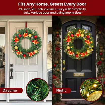 28inch Extra Large Pre-lit Christmas Wreath 8 Modes Lighting Artificial Deluxe Lighted Christmas Wreath Decorations Ornament with LED Lights Door Window Fireplace Decor Timer Function (28 INCH)