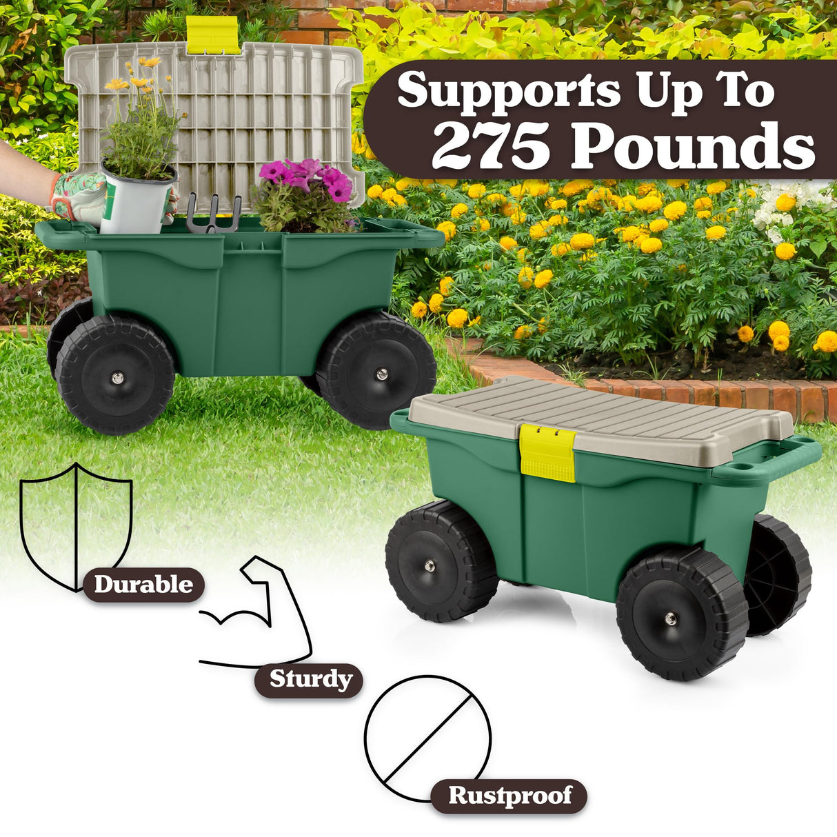 Rolling Garden Cart with Seat - Plastic Storage with Bench and Interior Tool Tray - Gardening Stool for Weeding and Planting By Pure Garden (Green) Pure Garden