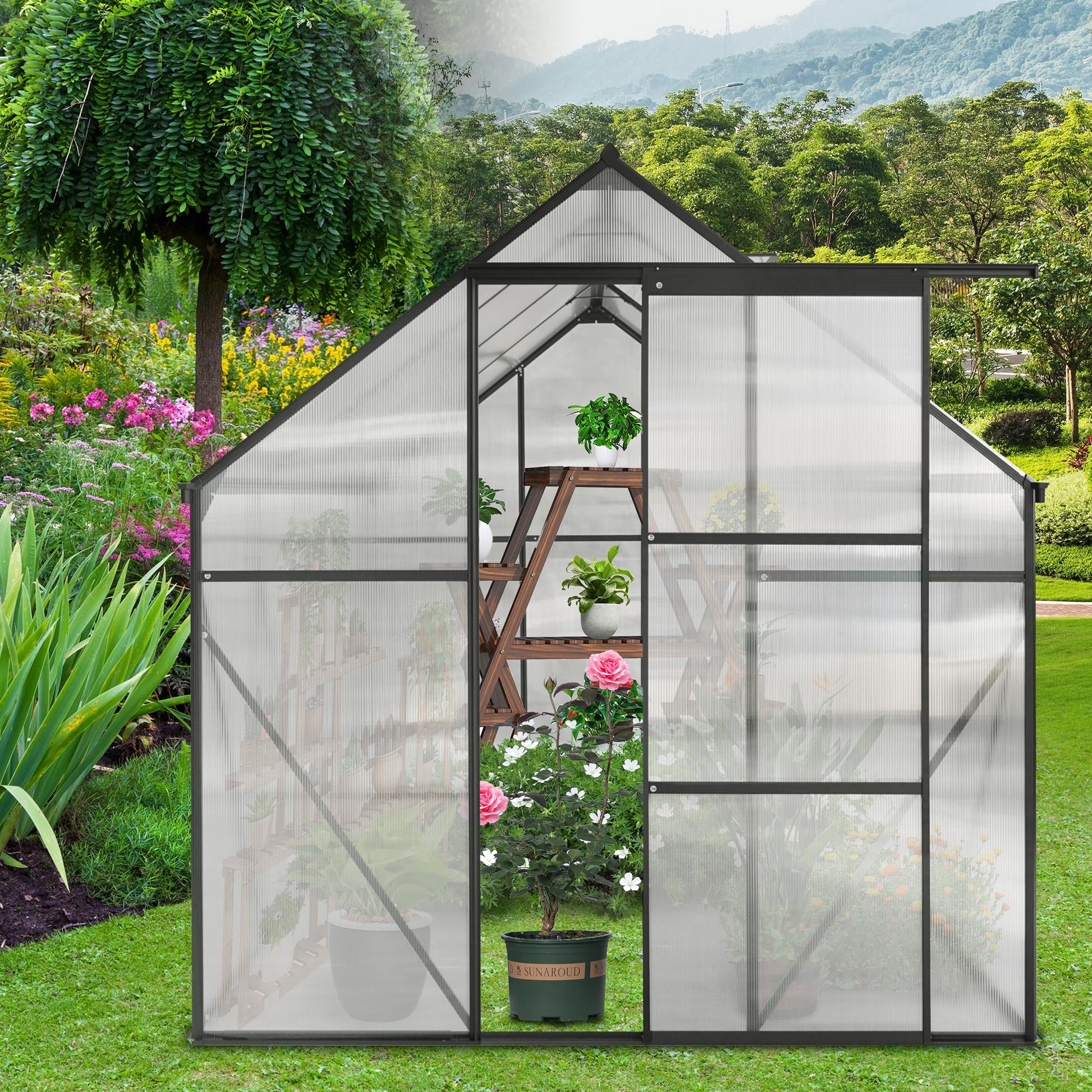 KELRIA 6x8 FT Heavy Duty Walk-in Hobby Greenhouses, Polycarbonate Greenhouse with Sliding Doors and Adjustable Roof Vent, Aluminum Sunroom Green House for Outdoor Garden Backyard, Black - WoodArtSupply