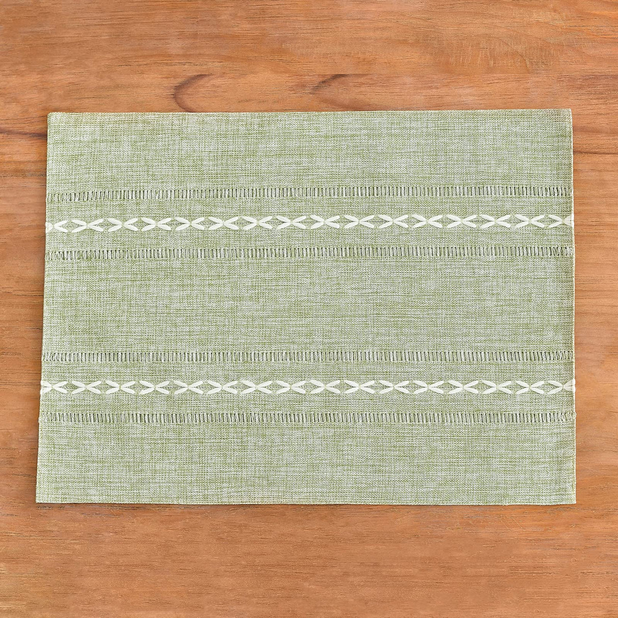 Wracra Cotton Linen Placemats, 12 x 18 Inch Set of 4 Fete Placemats Rustic Hemstitch Place Mats for Kitchen Table and Heat Resistant-Sage Green Wracra