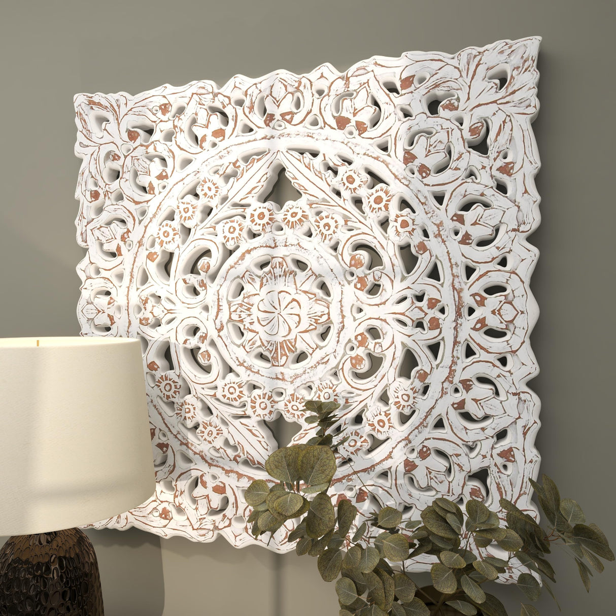 Deco 79 Wooden Floral Handmade Home Wall Decor Intricately Carved Wall Sculpture with Mandala Design, Wall Art 36" x 2" x 36", White Deco 79