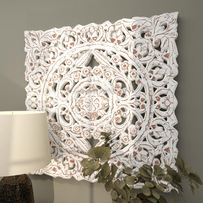 Deco 79 Wooden Floral Handmade Home Wall Decor Intricately Carved Wall Sculpture with Mandala Design, Wall Art 36" x 2" x 36", White - WoodArtSupply