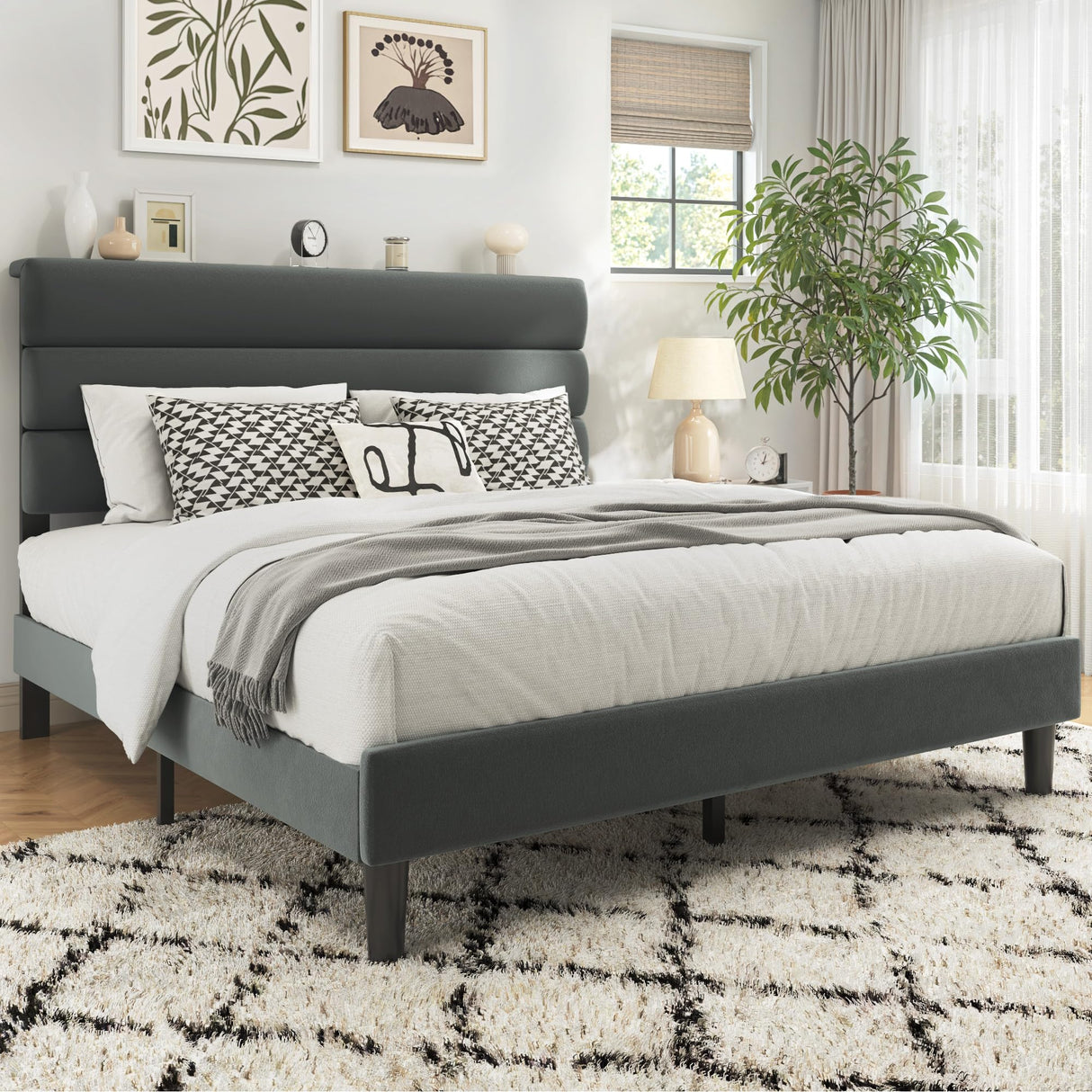 Fluest Queen Bed Frame, Platform Bed Frame with Velvet Upholstered Headboard, No Box Spring Needed, Sturdy Metal Support, Noise Free, Easy Assembly, Modern Bedroom Furniture, Grey Fluest