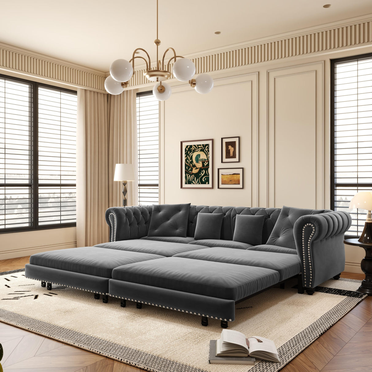 89" Velvet Pull Out Sofa Bed - 3-in-1 Convertible Sleeper Sofa with Ottoman, Button Tufted Chesterfield Sofa, Pull-out King Size Couch Bed, Space Saving for Small Spaces Apartments, Living Room, Grey Justdwells