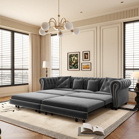89" Velvet Pull Out Sofa Bed - 3-in-1 Convertible Sleeper Sofa with Ottoman, Button Tufted Chesterfield Sofa, Pull-out King Size Couch Bed, Space Saving for Small Spaces Apartments, Living Room, Grey Justdwells