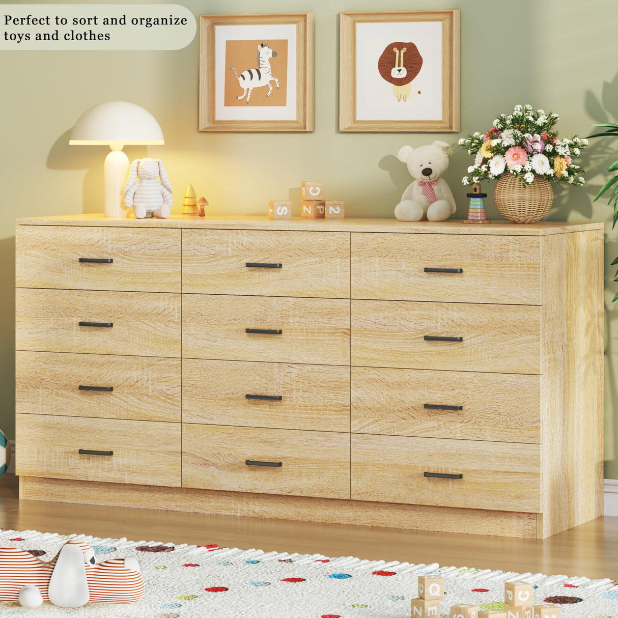 HUAHUU Dresser for Bedroom with 12 Drawers, 60'' Wide Mid Century Modern Dressers, Natural Wood Grain, Chests of Drawers TV Stand, Large Storage Organizer, Closet, Entryway, Natural HUAHUU