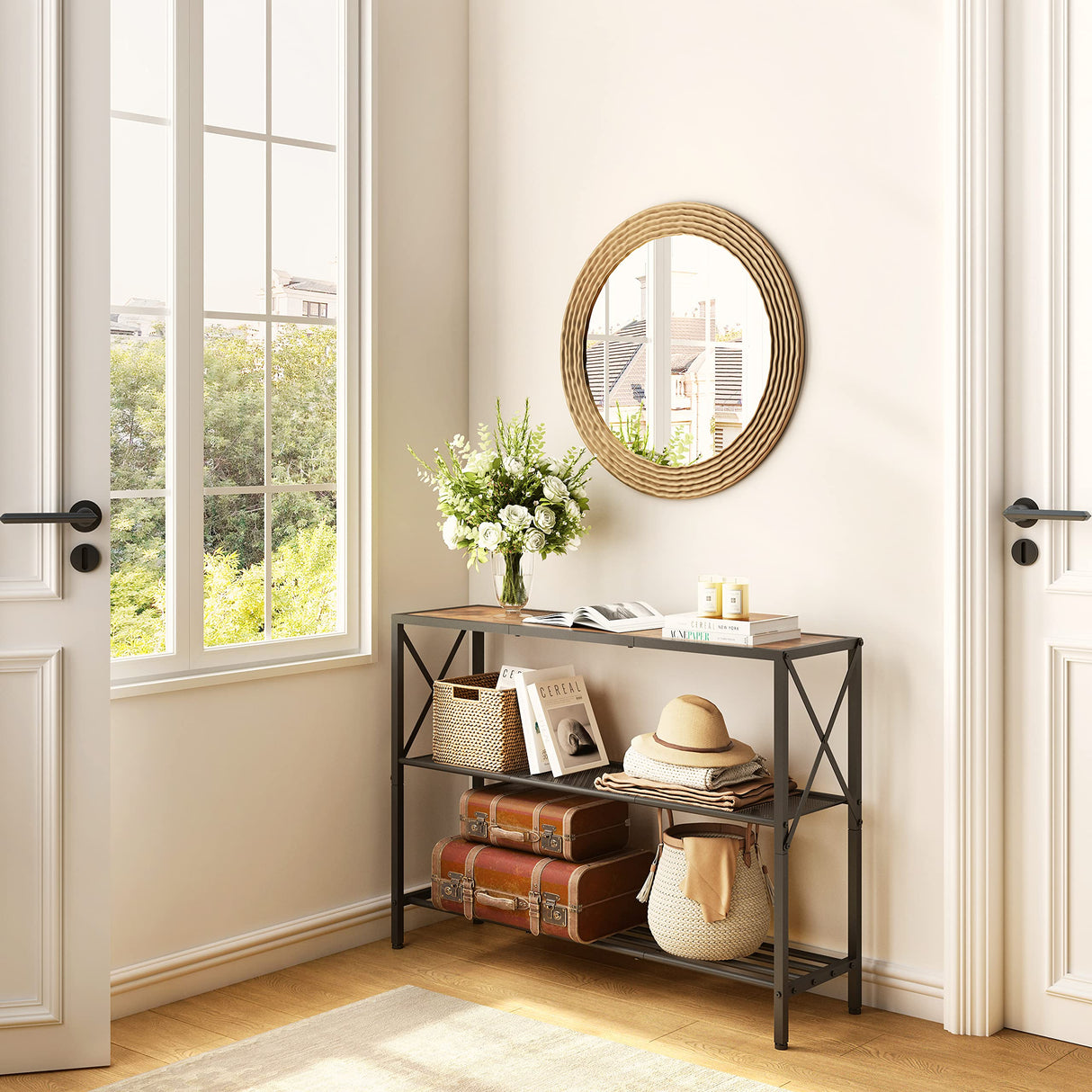 Hoctieon Industrial Console Table, 3 Tier Entryway Table, Hallway Table, Narrow Sofa Table with Shelves, Entrance Table for Entryway, Living Room, Foyer, Hallway, Office, Rustic Brown&Black Hoctieon